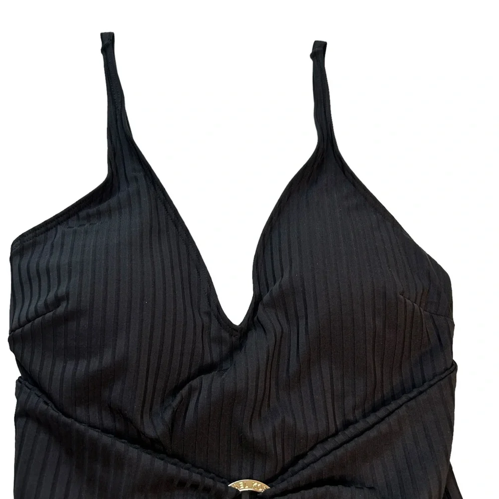 Michael Michael Kors One Piece Swimsuit Black Ribbed Size 10 Waist Sash Logo NWT